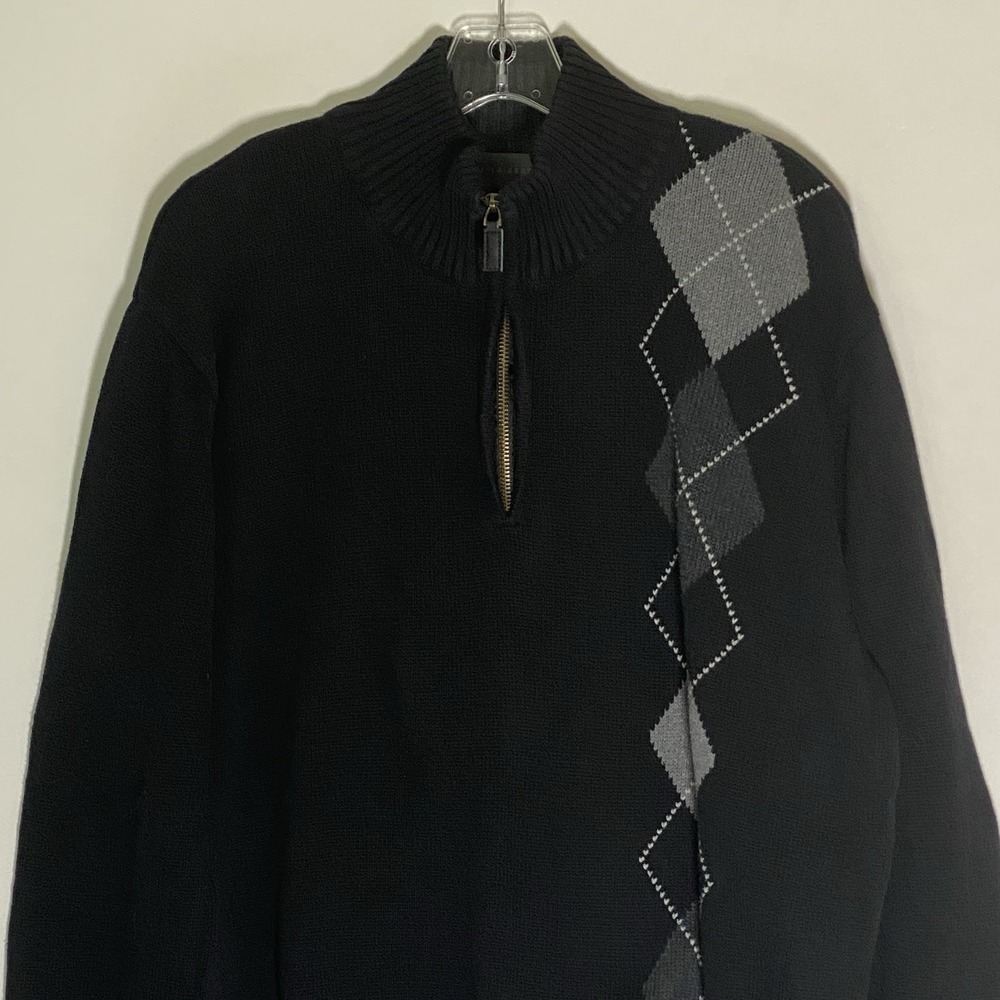 Oscar De La Renta Sweater Mens XL Black Argyle Tight Knit Quarter Zip Preppy‎ - Picture 2 of 16
